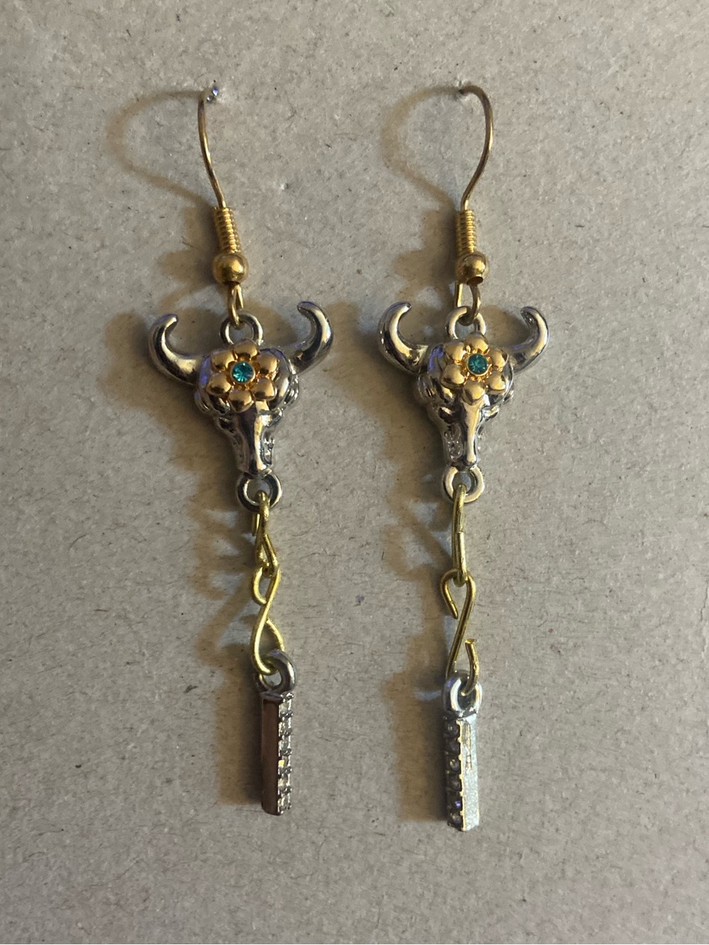 Handcrafted Bull Skull Dangle Earrings in Silver and Gold